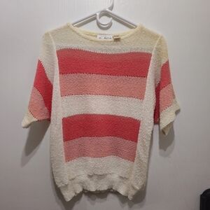 90s Vintage Shapely Knits Cream and Pink Striped Sweater​